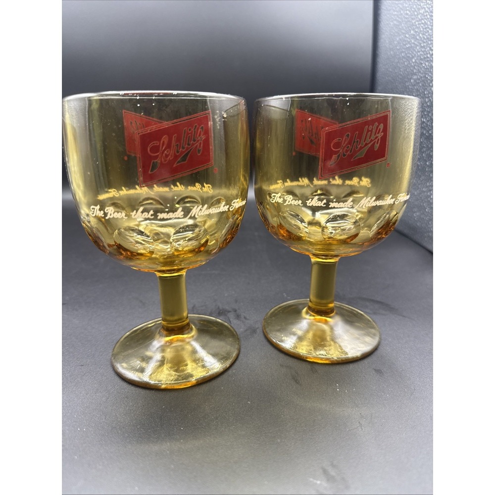 VTG Lot Of 2 Schlitz Amber Pedestal Beer Advertising Goblet. Glass, Globe Logo.